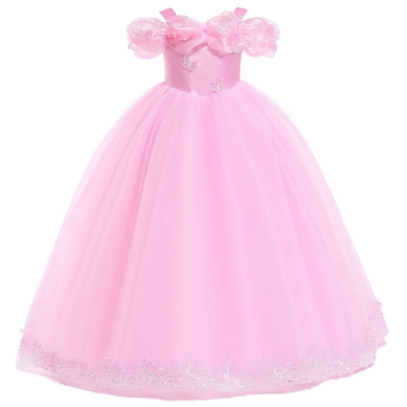 Zpanxa Girls Sleeveless Ruffl Lace Princess Dress, Kids Round Neck Embroidery Mesh Bow Skirt Pink 5 Years