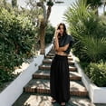 thumbnail image 5 of Women's Flowy Linen Palazzo Pants Shirred Sheer High Waisted Wide Leg Beach Trousers with Pockets Black L, 5 of 6
