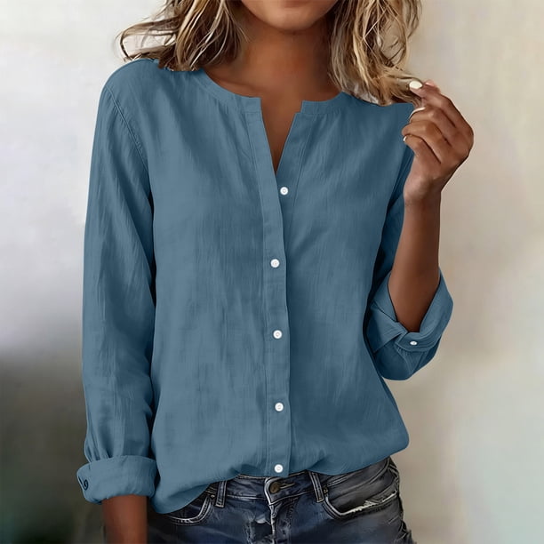 Craaazy Women's Casual V-Neck Blouse, Solid Color Long Sleeve Button Down Shirt, Loose Fit Comfy Tops for Daily Wear Gifts