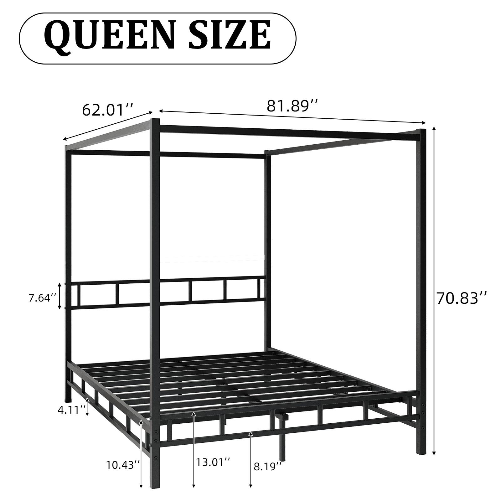 4 EVER WINNER Queen Size Detachable Metal Canopy Bed Frame, Modern Black Platform Bed with Noise-Free Slat Support, No Box Spring Needed, Underbed Storage, Tool-Free Quick Assembly