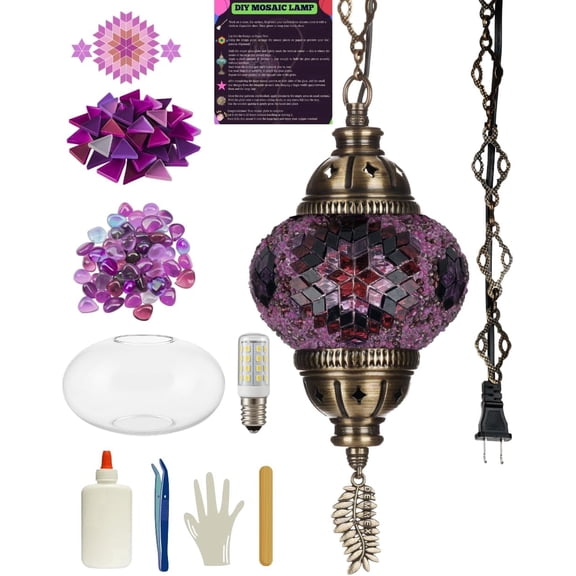 DEMMEX DIY Turkish Mosaic Plug-in Hanging Lamp Kit – NO Grout or Plaster, Beginner-Friendly – Complete Tiffany Mosaic Glass Light-Making Craft Project Kit for Adults and Teens (Purple)