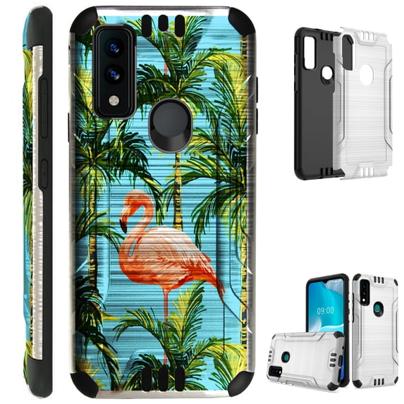 Compatible with AT&T Maestro 3 Brushed Metal Texture Hybrid Silver Guard Phone Case Cover (Flamingo Tree)