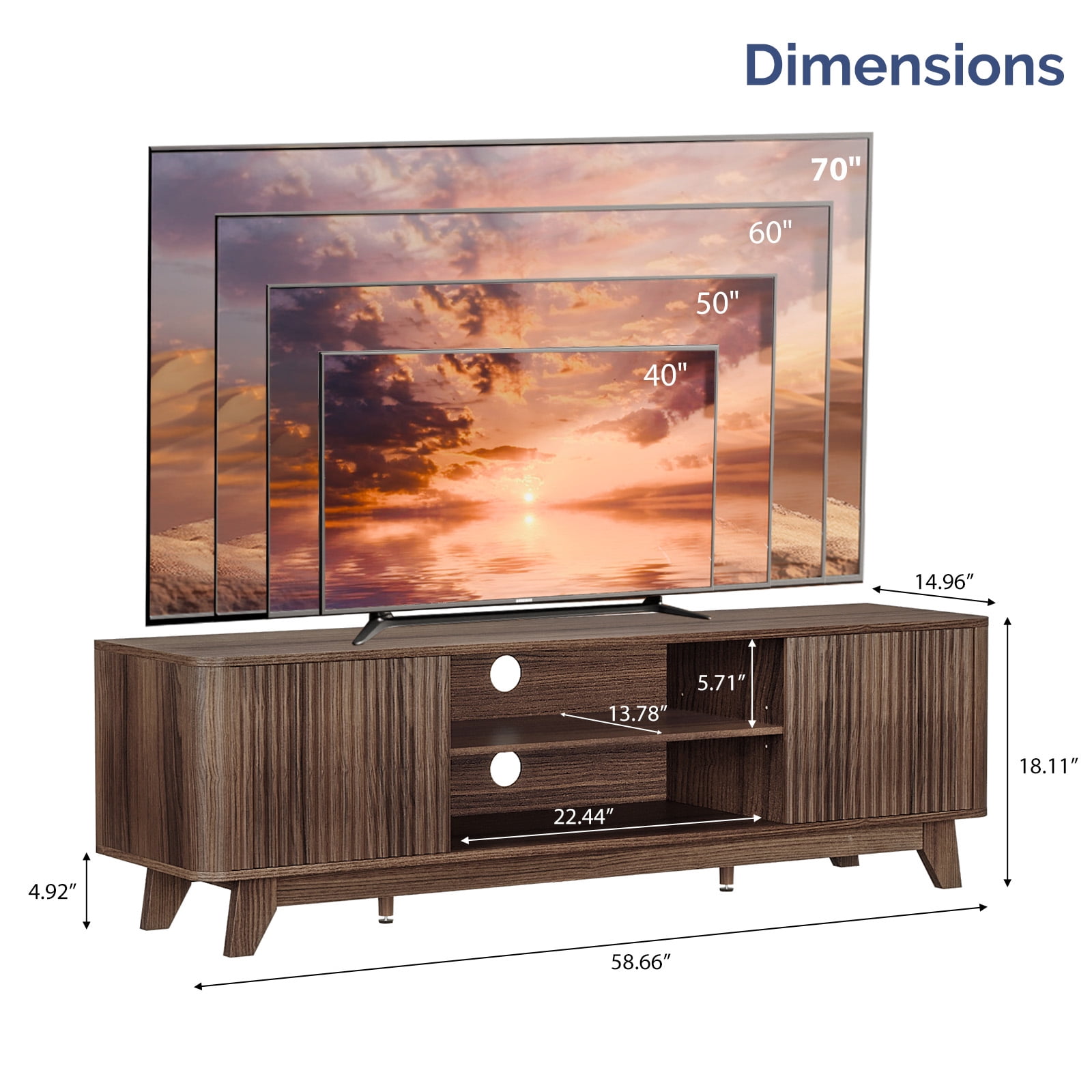 Wood Fluted TV Stand for TVs up to 70 Inch, Mid Century Modern Low Profile TV Console Cabinet with Adjustable Open Storage Shelves & Double Slatted Cabinet Doors