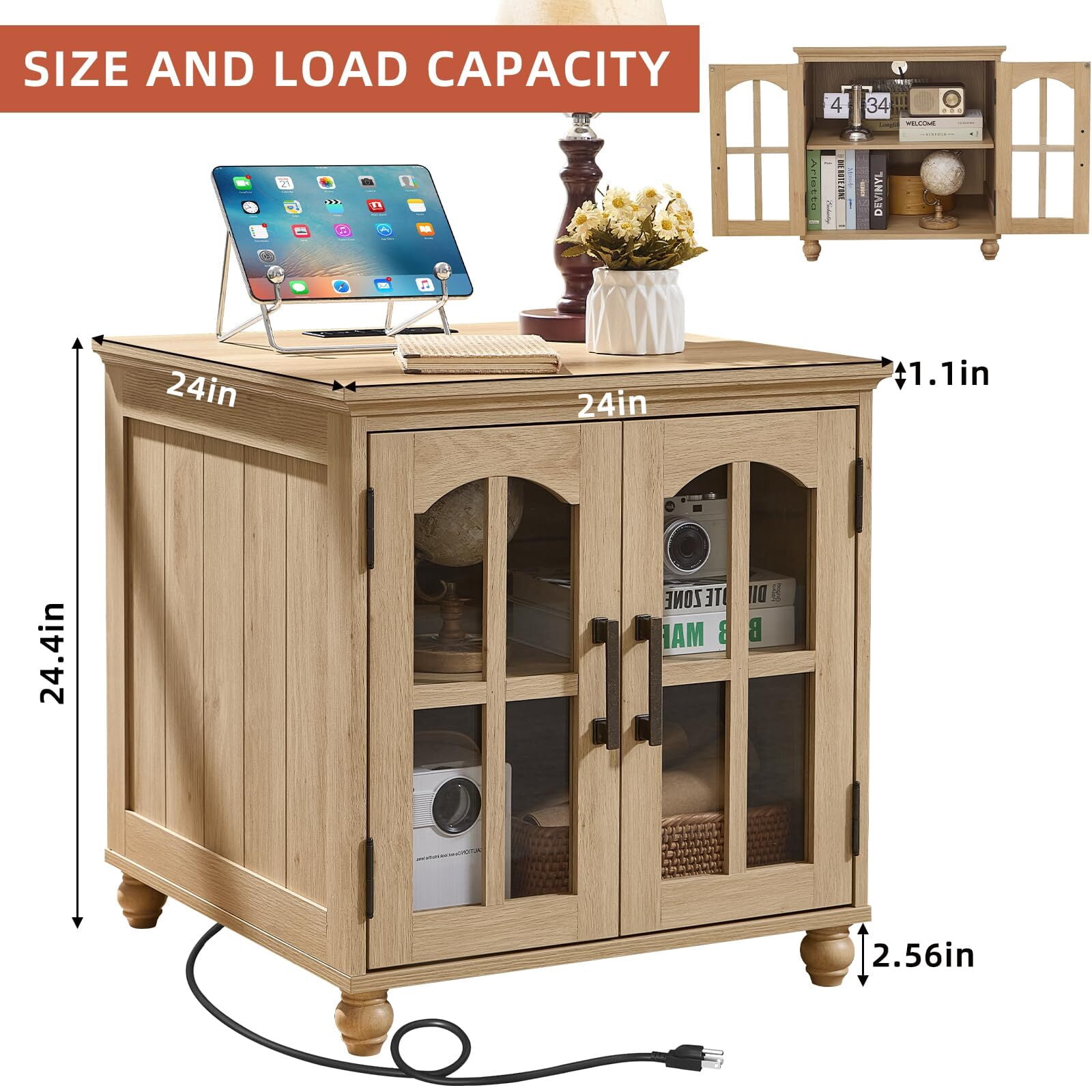 Buildhom Farmhouse End Table with Charging Station, 2pc 24" Wide Nightstand with Glass Barn Door & Adjustable Shelf for Living Room, Natural