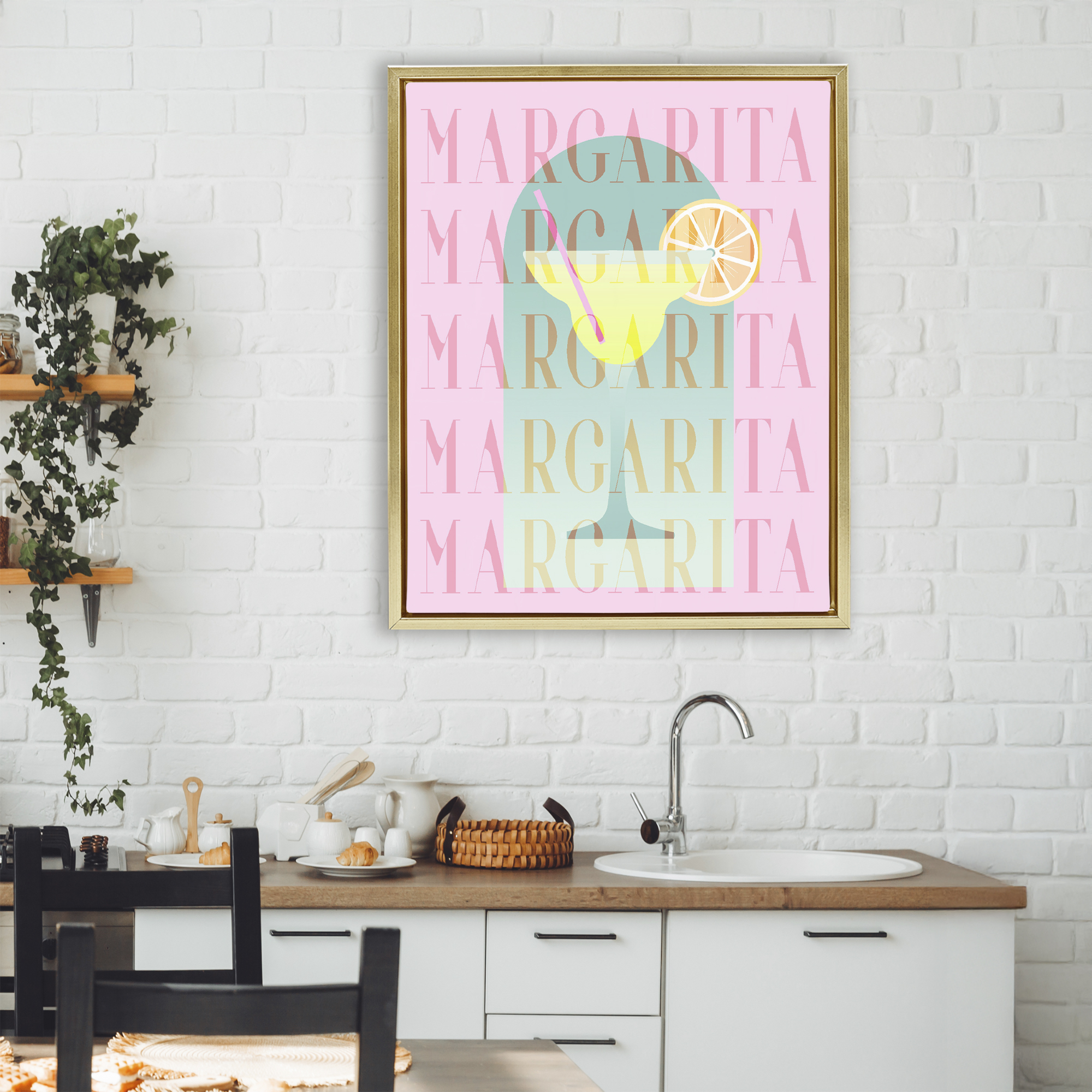 Retro Pastel Margarita Gold Framed Floater Canvas Wall Art, design by Lil' Rue