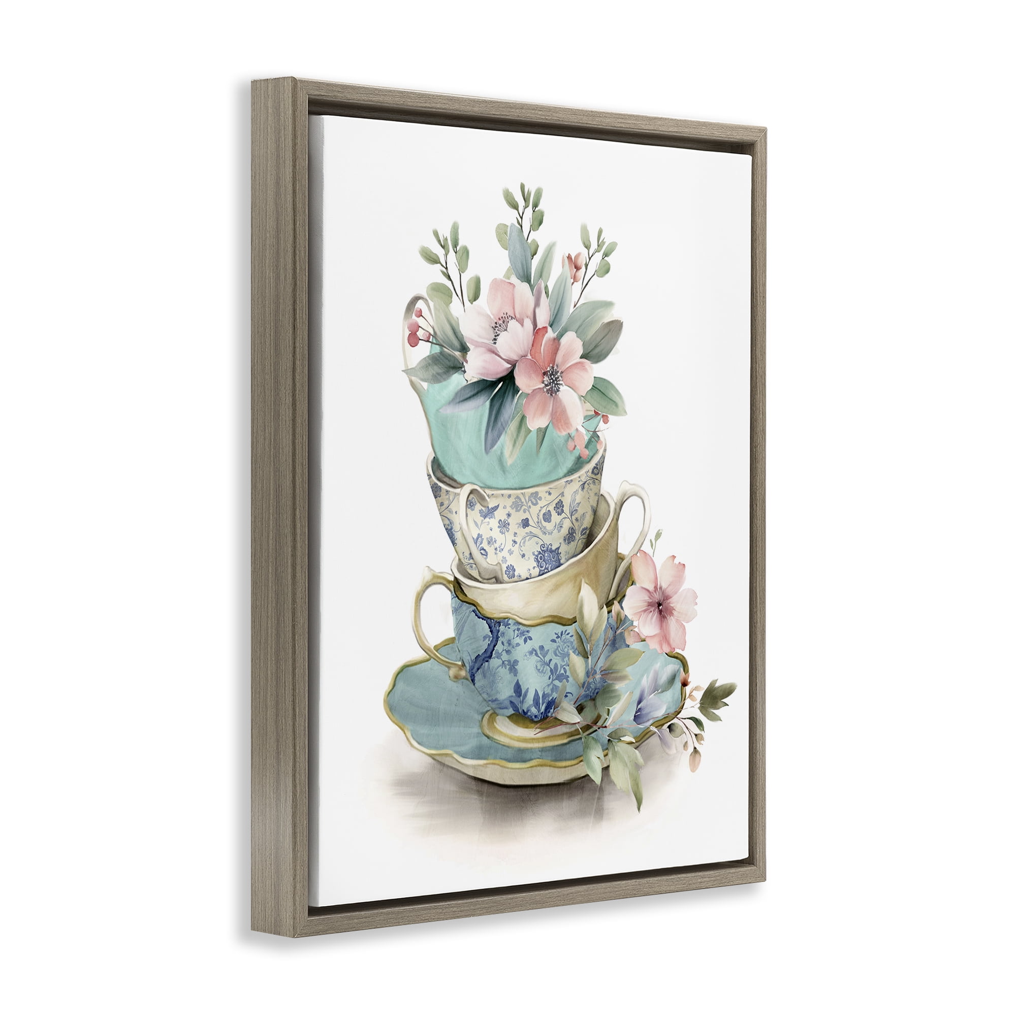Stupell Industries Tea Cup Chinoiserie Blossoms Brown Framed Floater Canvas Wall Art, design by Kim Allen