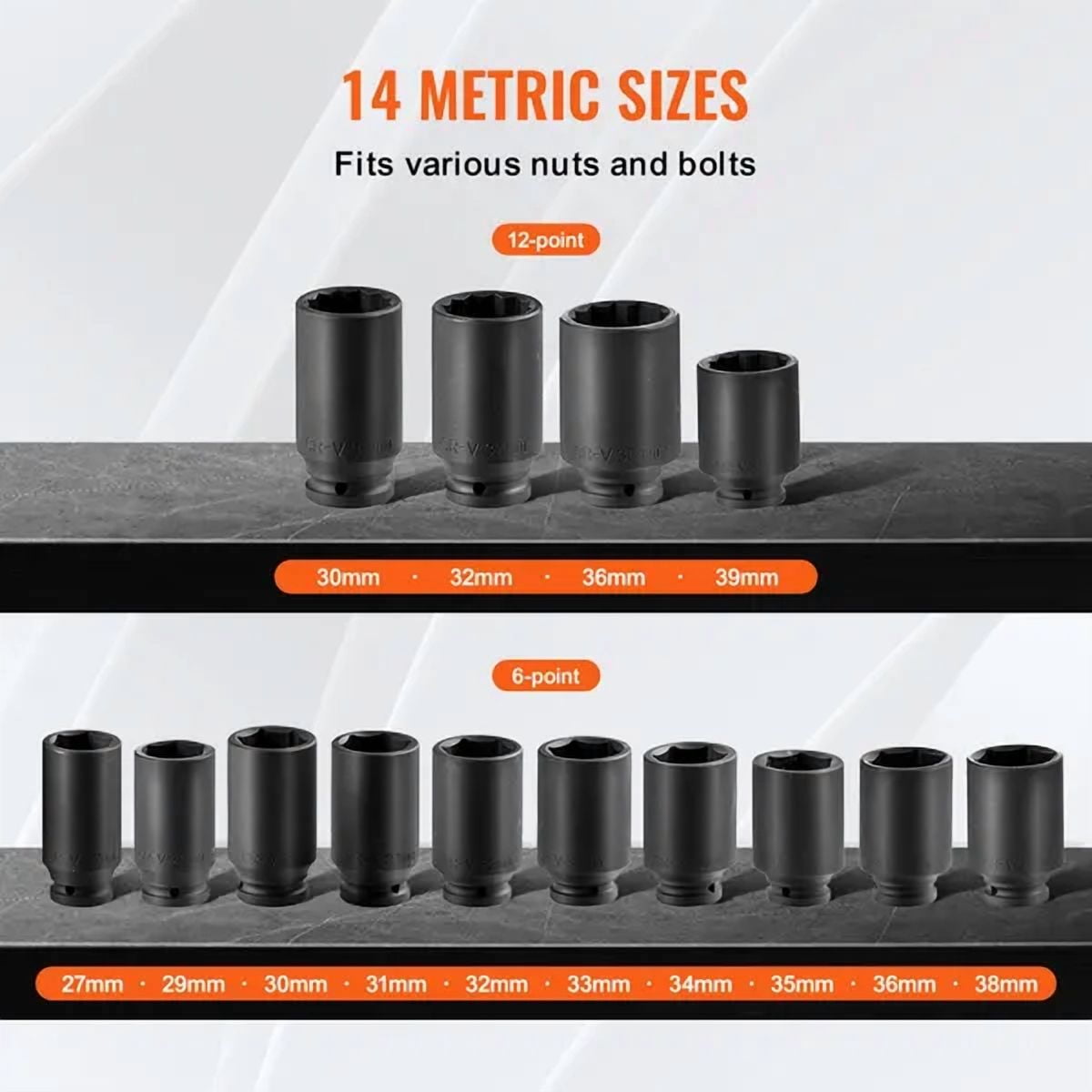 Axle Nut Impact Socket Set 1/2 Inch Drive Deep 6 and 12 Point 14 Piece Metric