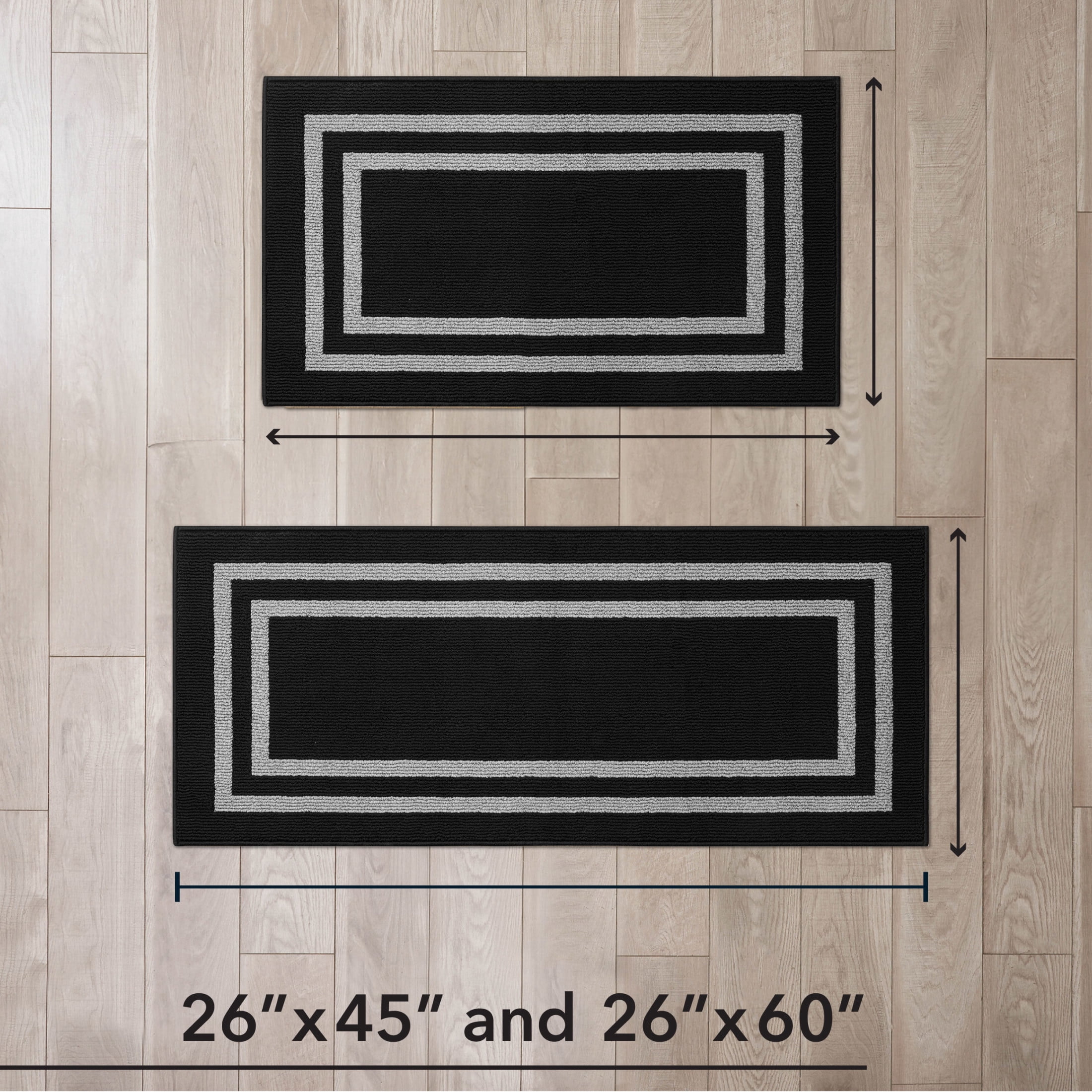 Washable Skid-Resistant Runner Rug, Trellis Border , Black and Twisted Grey , 26" x 45"/26" x 60"