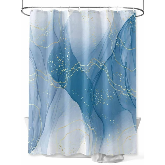 Abstract Ombre Shower Curtain, Light Blue Marble Texture with Golden Line Waterproof Shower Curtain Set with 12 Hooks Lightweight Washable Fabric Shower Curtains for Bathroom 60x72 Inches