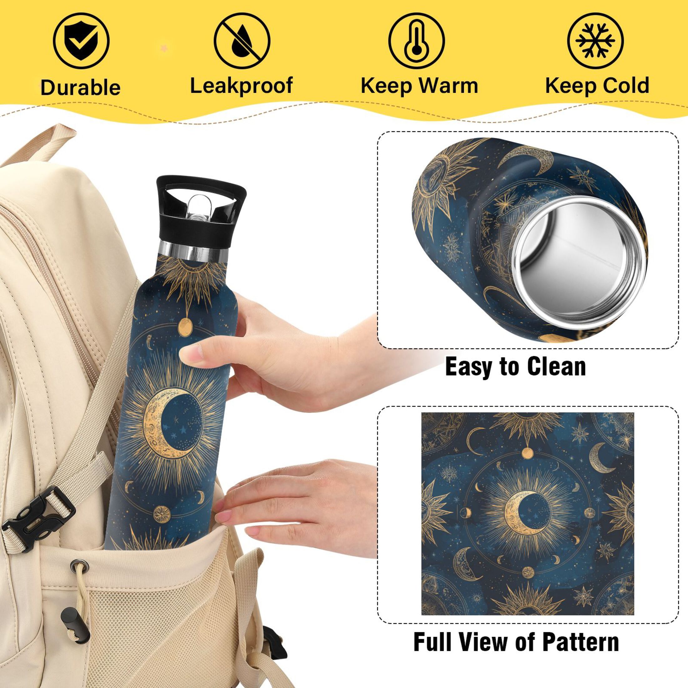 600ML Stainless Steel Insulated Cup Sports Water Bottle Portable Thermos Cup Water Glasses Insulated Tumblers Convenient and Durable Moon Pattern