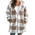 thumbnail image 3 of Avamo Ladies Loose Hooded Hoodies Jacket Long Sleeve Mid Length Fleece Fuzzy Jackets Women Plaid Winter Sherpa Coat Khaki L, 3 of 3