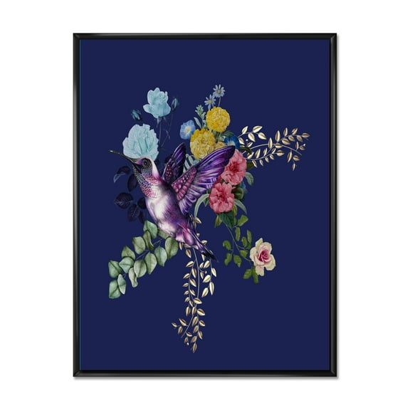 Designart 'Little Bird Sitting On Colourful Bouquet Of Wildflowers I' Traditional Framed Canvas Wall Art Print