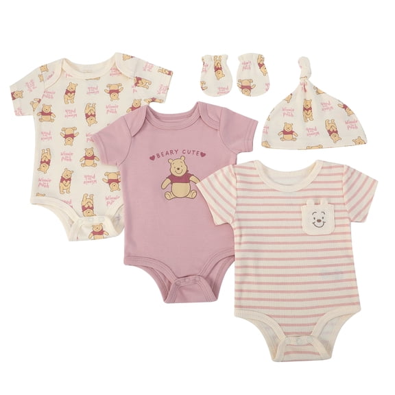 Disney Clothes Baby Girls 3-Pack Bodysuit Set with Hat and Mittens – Soft Cotton Infant Outfits Winnie the Pooh Cream / Pink 3/6M