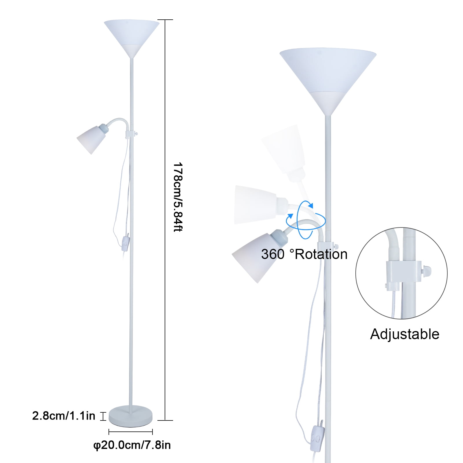 Adjustable Floor Lamp, 2 Head LED Torchiere Standing Lamp, Modern Dimmable Tall Reading Light with Bulbs for Living Room