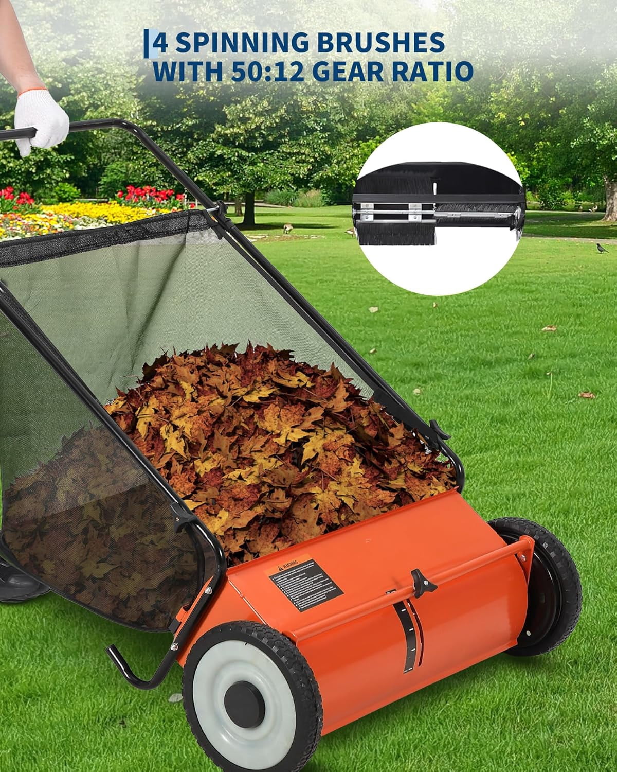Orange 21-Inch Push Lawn Sweeper, 3.5 Cu. Ft. Hopper Capacity Leaf & Grass Collector with 4 Spinning Brushes, Adjustable Height, for Grass Clippings, Leaves & Debris