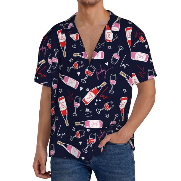 Fotbe Love Wine Camisa Estampada de Manga Corta para Hombre, Casual de Verano, Estilo Playero, Sin Arrugas-Large