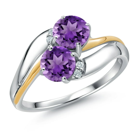 Gem Stone King 925 Sterling Silver and 10K Yellow Gold Purple Amethyst 5MM Round 2 Stone and White Lab Grown Diamond Accent Ring for Women (0.98 Cttw, Gemstone February Birthstone, Size 7)