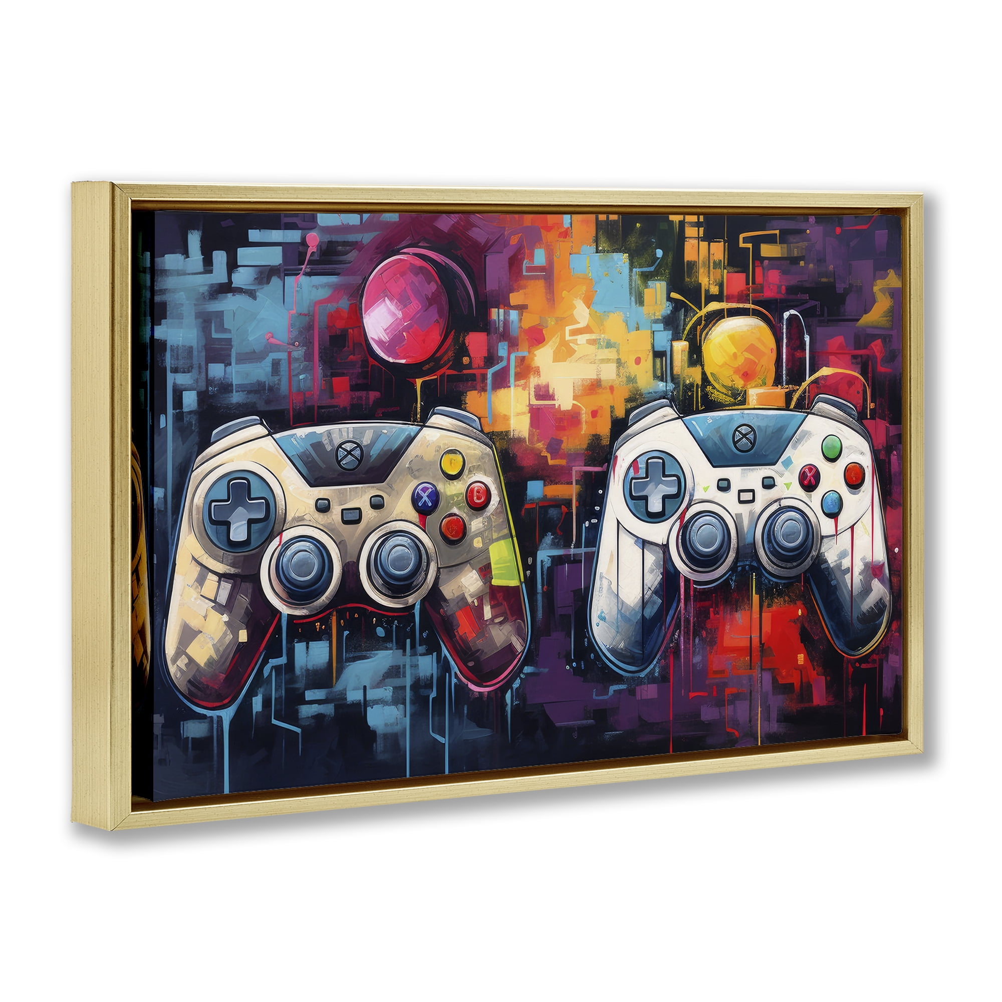 Stupell Industries Double Controller Modern Gamer Gold Framed Floater Canvas Wall Art, design by Lazar Studio