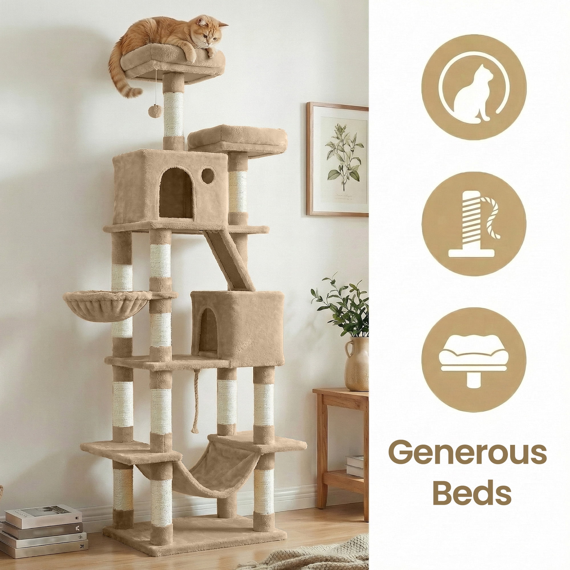 LEDREM 81.1-Inch Large Cat Tree Tower, Multi-Level Cat Condo with 13 Scratching Posts, 2 Perches, 2 Caves, Hammock & Basket, Camel Brown