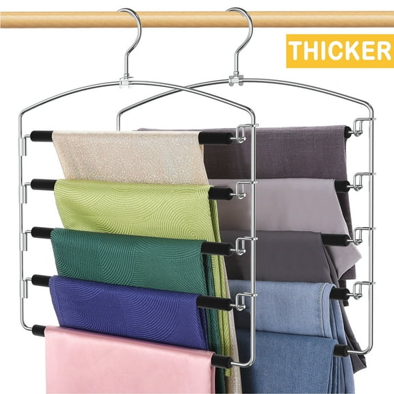 Roylvan Pants Hangers Space Saving, 5 Tier Non-Slip Hangers for Clothes Rack Scarf, Stainless Steel Hangers Pants Closet Organizers with Swing Arm, 2 Pack, Sliver