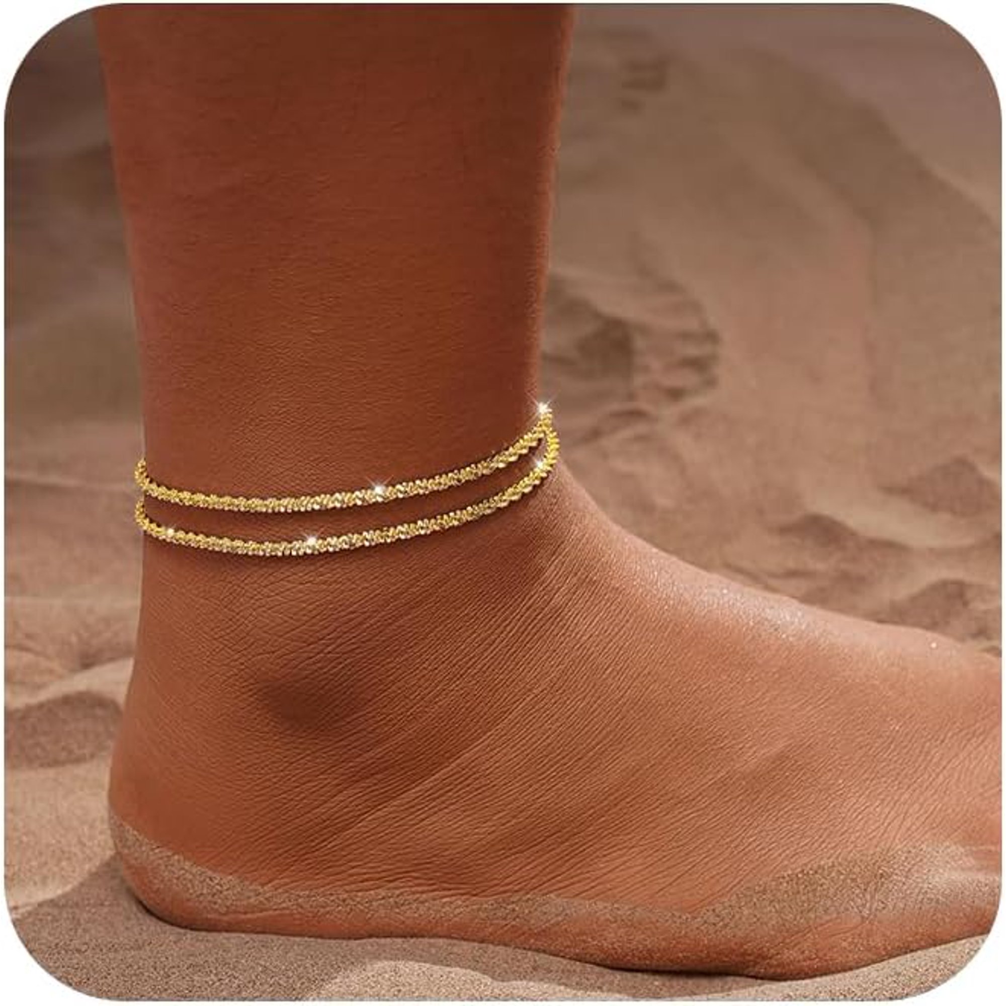 Gold/Silver Ankle Bracelets for Women,14K Gold Anklets for Women Waterproof Sparkly Chain Rhinestone Anklets Set Stackable Layered Anklet Bracelets for Women Beach Gold Jewelry Gift