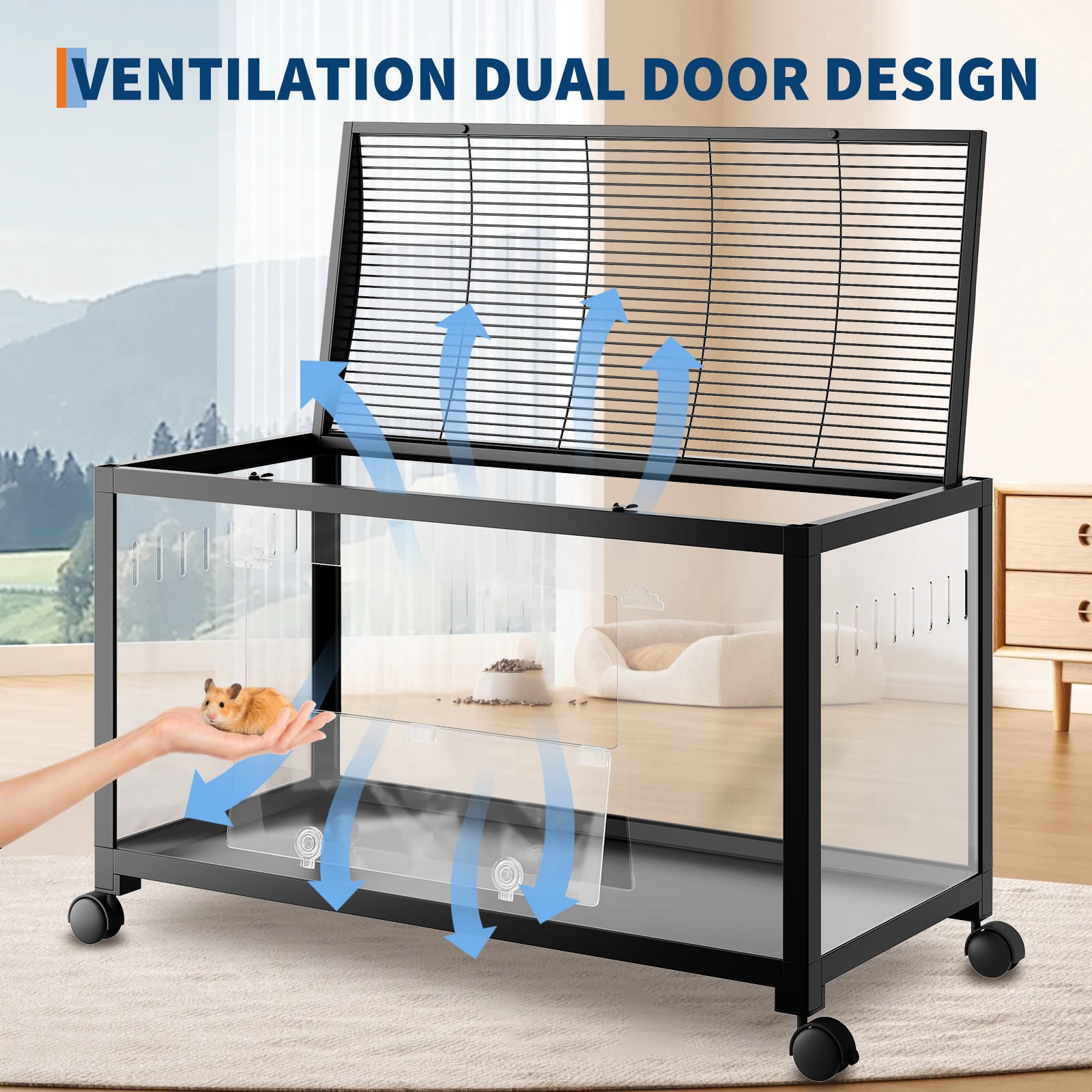 EastVita Hedgehog Enclosure with Acrylic Sides,Metal Guinea Pig Cages,Universal Wheels+Chew-Proof Dual Door Stackable Cages for Guinea Pigs,Gerbil,Dwarf Syrian Hamster Black