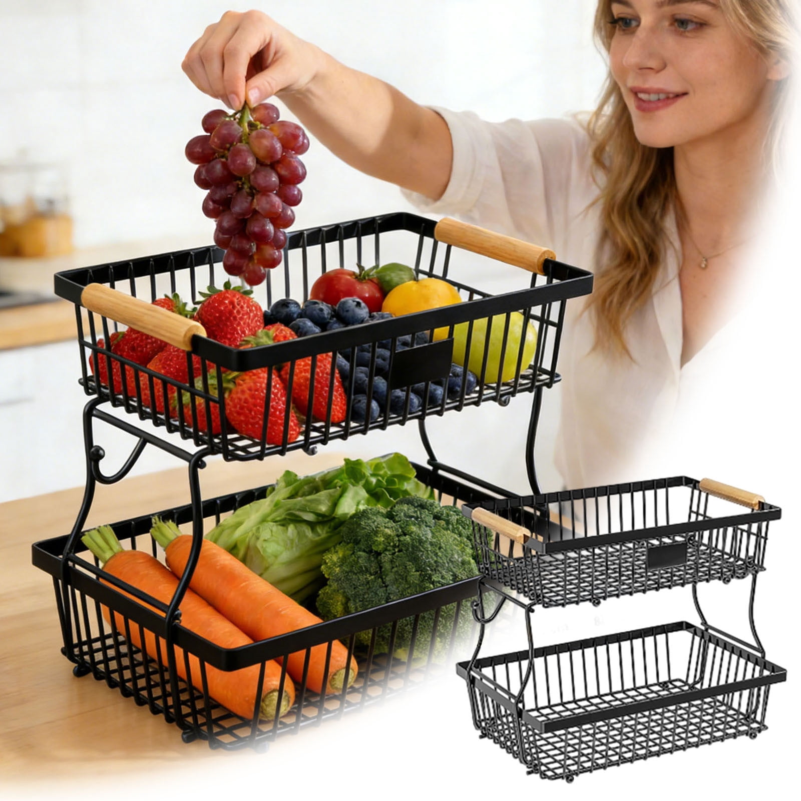 2 Tier Countertop Fruit Basket Bowl for Kitchen, Detachable Metal Organizer for Bread Vegetable Fruits with Wooden Handle, Large Capacity Storage Basket for Bread Snack Veggies Produce