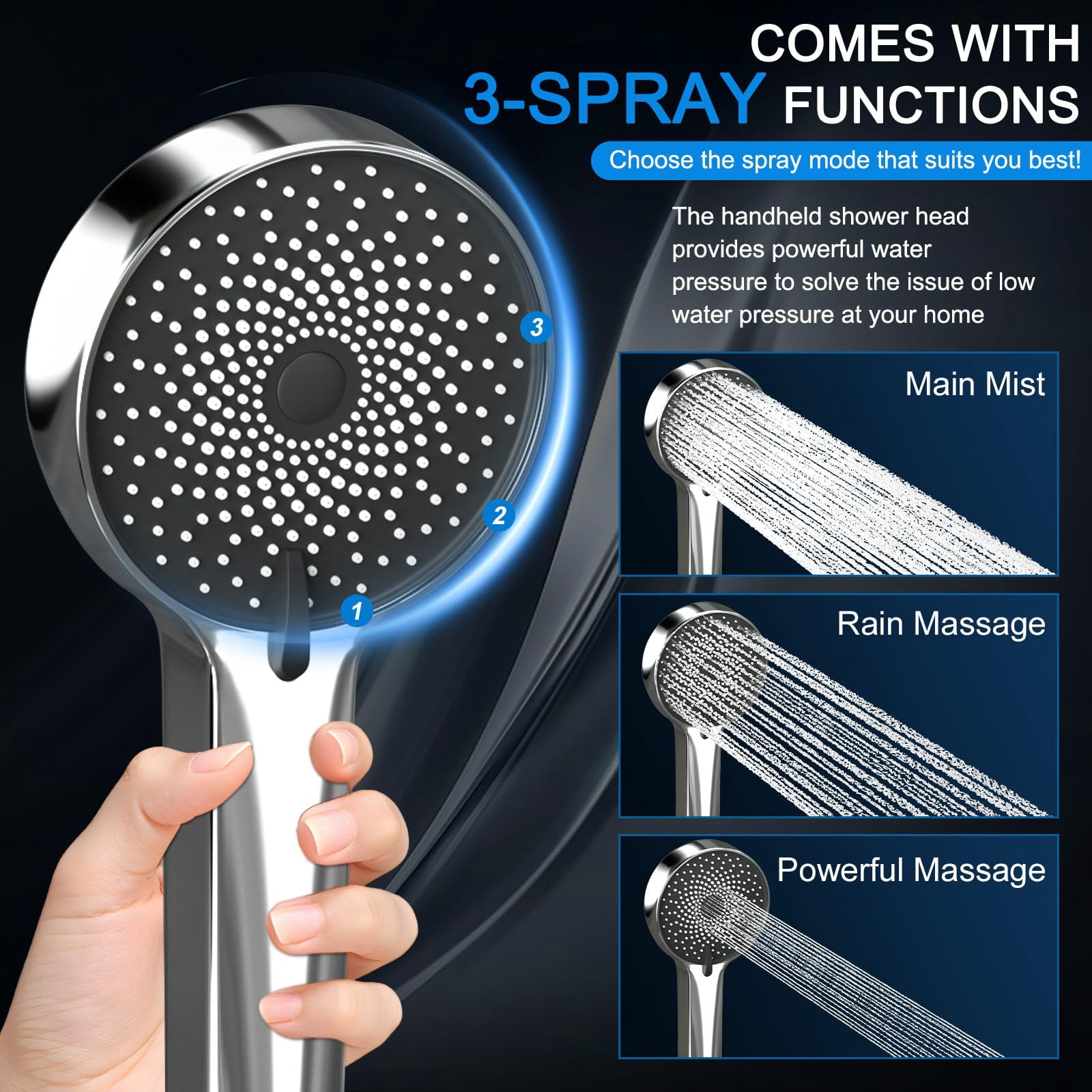 Shower Head  Rain With Handheld Spray Combo 10 Inch Adjustable High Rainfall Dual Showerhead Set Extension Arm And 60 Long Hose (silver)