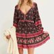 thumbnail image 5 of Vestido corto elegante con estampado floral morado de algodón de TEELYNN para mujer, manga larga, cuello en V, estilo bohemio, para otoño, 2020, 5 of 5