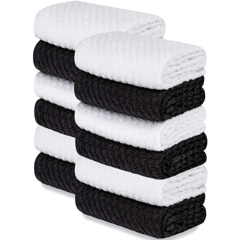 [12 Pack] Kitchen Dish Hand Towels, 100% Cotton Dobby Weave, 410GSM  Absorbent Terry Cleaning Cloth, 15x26, 6 Black/ 6 White