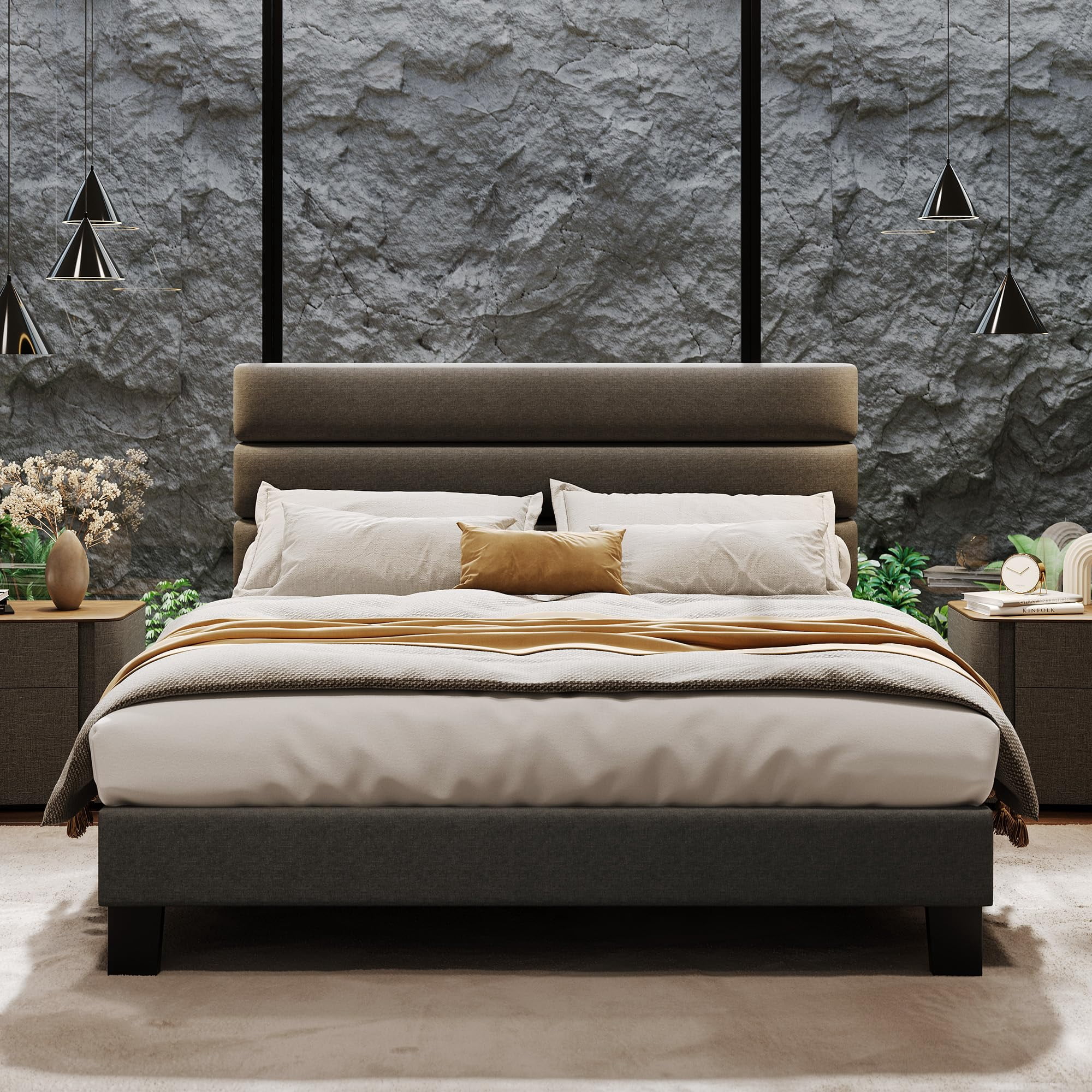 KOKEBREN Full Size Platform Bed Frame with Adjustable Headboard - Linen Fabric Upholstered, Wooden Slats Support, Mattress Foundation, No Box Spring Needed, Grey