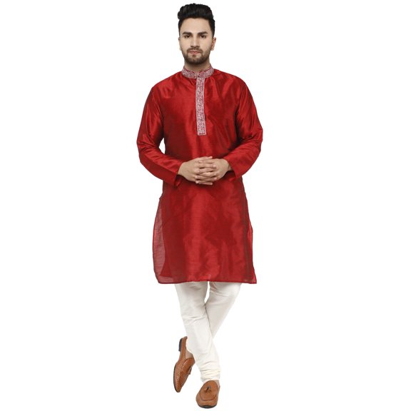 SKAVIJ Men's Kurta Pajama Set Embroidered Art Silk Party Dress Brown S