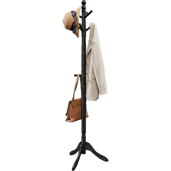 VASAGLE Perchero de madera maciza y soporte, árbol de pasillo independiente con 10 ganchos para sombreros, bolsos, carteras, para entrada, pasillo, madera de caucho, negro tinta