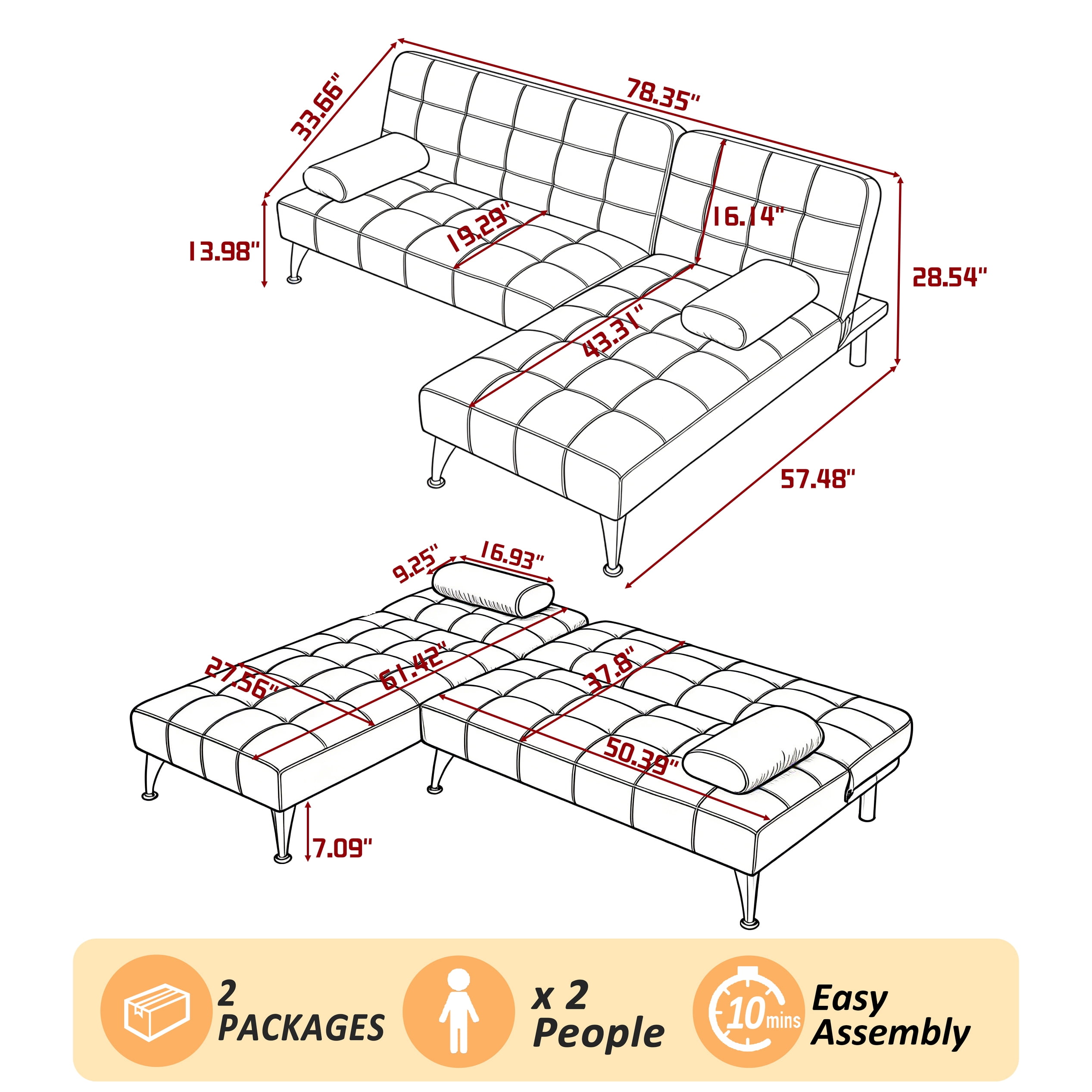 Gewnee 78.35”L-Shaped Velvet Reversible Sectional Sleeper Sofa,Futon Sofa with Adjustable Split Back & Chaise,Couch for Home,Office and Guest Room.Dark Grey