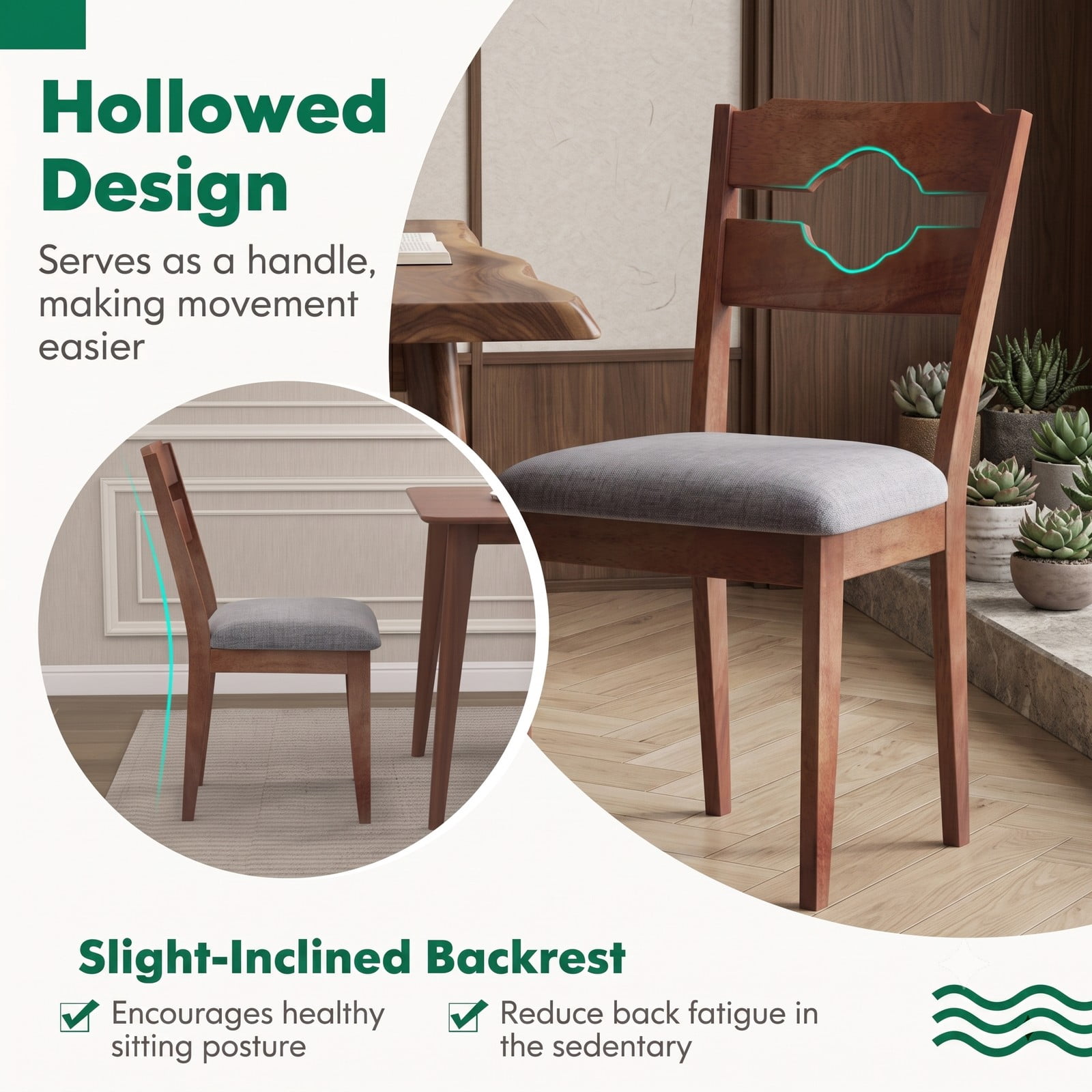 Furnibear Dining Chair Set of 2, Fabric Upholstered Kitchen Chairs with Padded Seat, High Curved Backrest and Solid Rubber Wood Legs for Dining Room, Brown and Gray