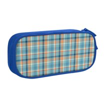 TEQUAN Large Capacity Pencil Case, Classic Orange Blue Plaid Pattern Pencil Pouch 2 Compartments Pencil Bag (Blue)