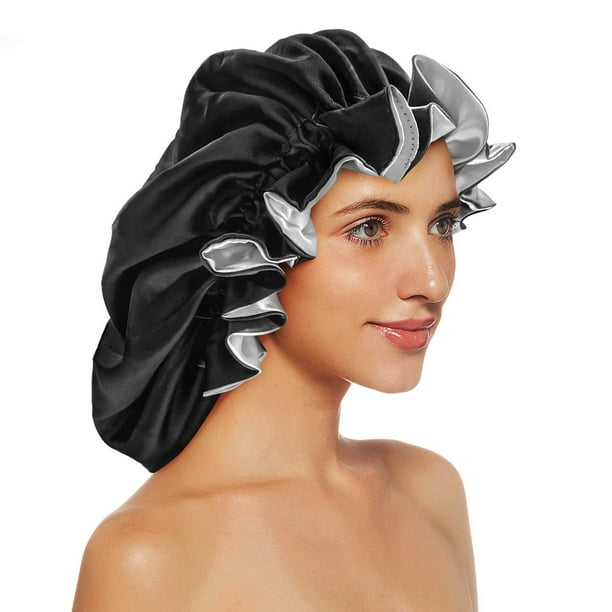 Gorros de seda para mujer Gorro de dormir de satén extra grande de doble capa con capó de satén elástico para cabello rizado Gorro de satén para cabello natural Mujer Niña(Negro)