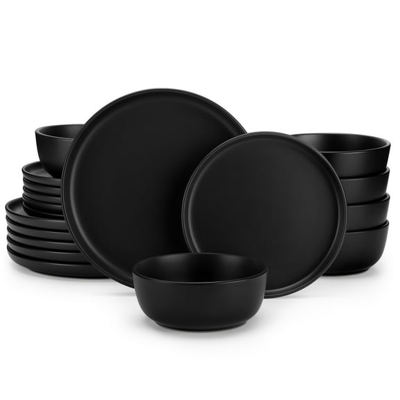 MALACASA 18 Piece Ceramic Dinnerware Set, Microwave and Dishwasher Safe, Stackable Plates and Bowls sets Service for 6, Black