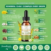 Mullein Drops 1400mg - 13-in-1 Herbal Mullein Leaf Extract Supplement - Apple Flavor - (2 fl oz / 60ml)
