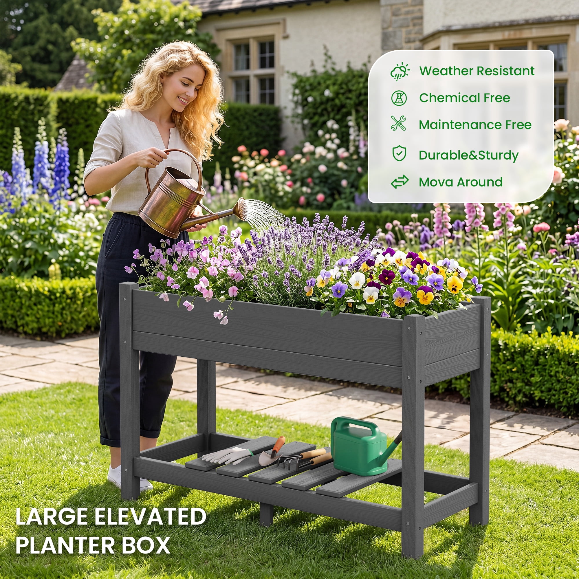 SERWALL HDPE Raised Garden Bed with Legs, 43"x16"x30" Elevated Planter Box, Outdoor Planter for Vegetables Flowers, Gray