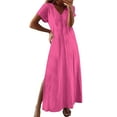 thumbnail image 3 of Horkkom Maxi Dresses for Women Short Sleeve V Neck Summer Dresses Casual Loose Solid Color Long Dresses Slit Side L, 3 of 6