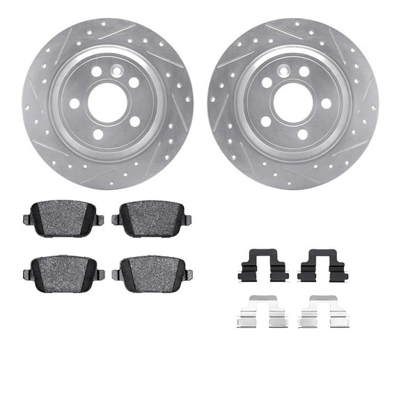 Dynamic Friction Company Rear Brake Rotors-Drilled and Slotted-Silver with 5000 Advanced Brake Pads includes Hardware 7512-27040