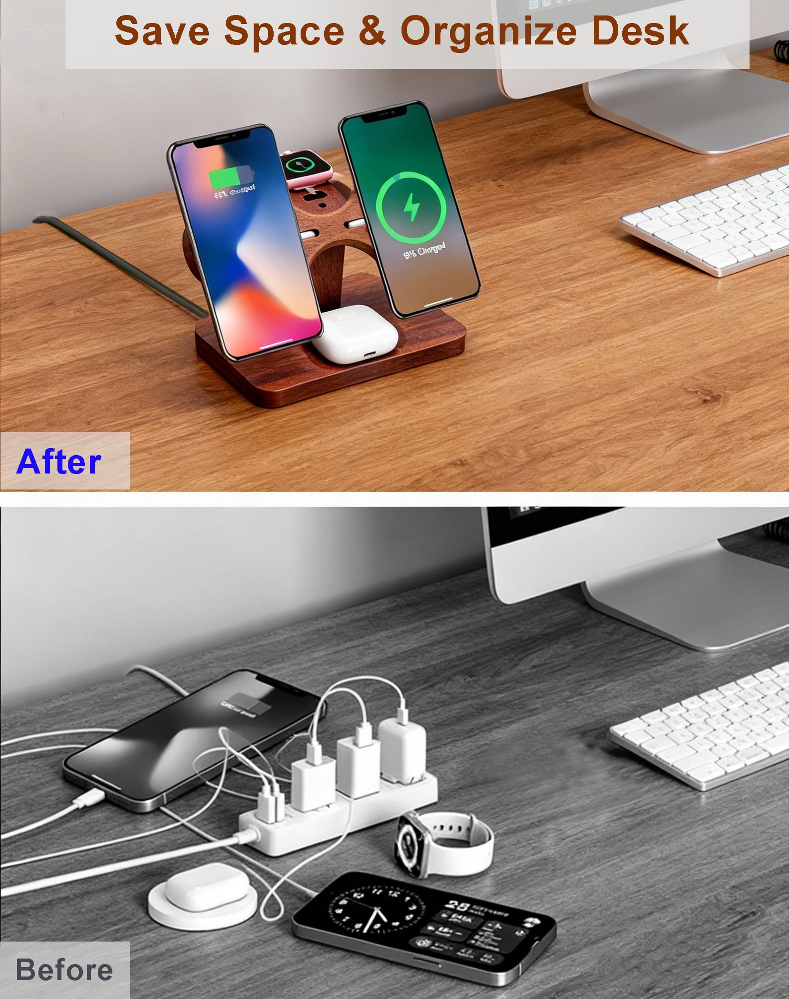Dual Phone Charging Station for Apple Devices,Wood Magnetic Phone Charger Stand for Two iPhone 17 16 15 14 13 12 Mini Se,Wireless Charger Apple Charging Station for iWatch Series AirPod 4 3 2 Pro