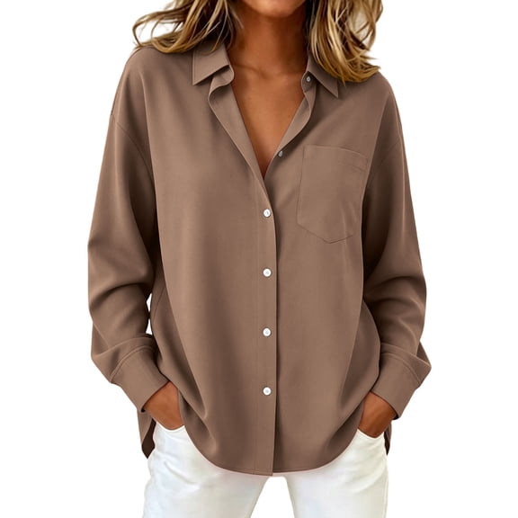 Women's Long Sleeve Button Down Shirts Collared Basic Dress Shirt Loose Fit Casual Tops with Chest Pocket