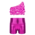 thumbnail image 3 of TSSOE Kids Girls 2-Piece Dance Outfits Hip Hop Jazz Cheer Dance Suits Shiny One Shoulder Crop Top and Booty Short Set Hot Pink 4, 3 of 5