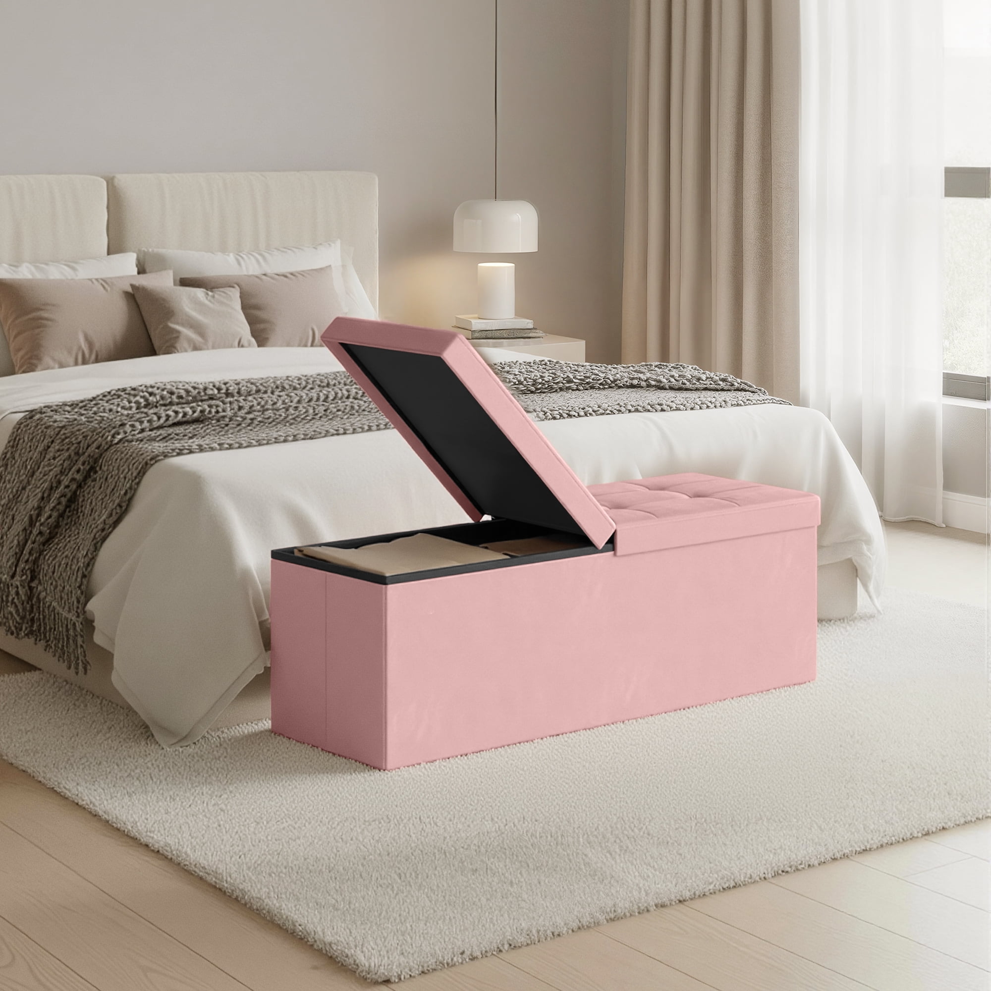 LEDREM 43" Foldable Storage Ottoman Bench with Flipping Lid, MDF Seat with Divider, 660 lb Capacity for Entryway, Living Room, Bedroom, Velvet Footstool, Jelly Pink