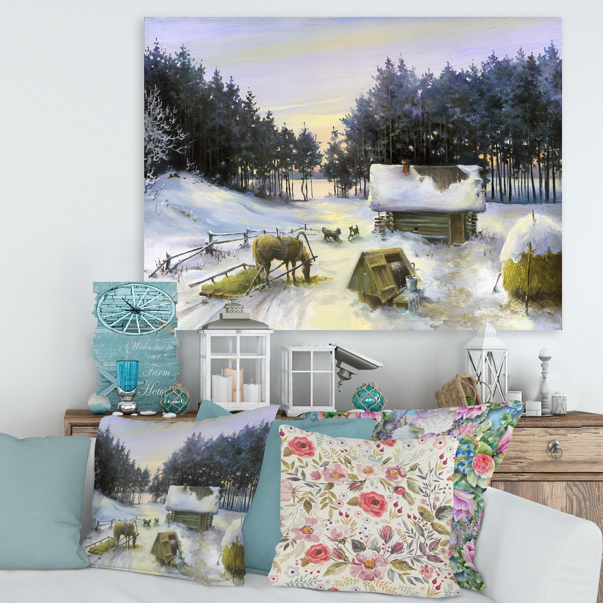 Designart ' Cottage Covered In Snow With Winterscene ' Country Canvas Wall Art Print