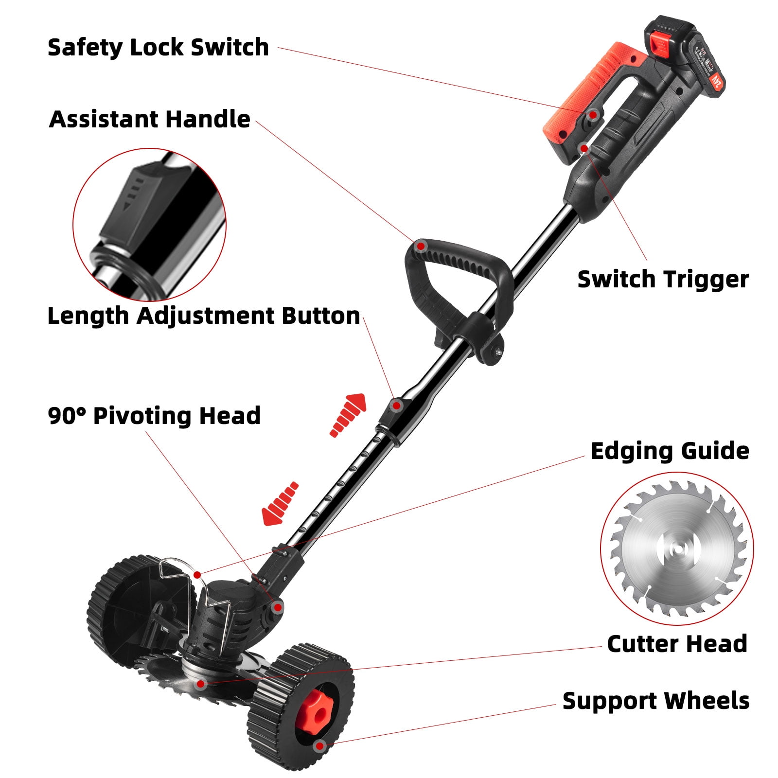 Paddsun Electric Weed Wacker, Battery Powered Cordless String Trimmer Edger with Wheels,Electric Weed Eater Cutter Lawn Mower Edger Tool,Adjustable Handle,3 Function Blades Cutter for Yard and Garden