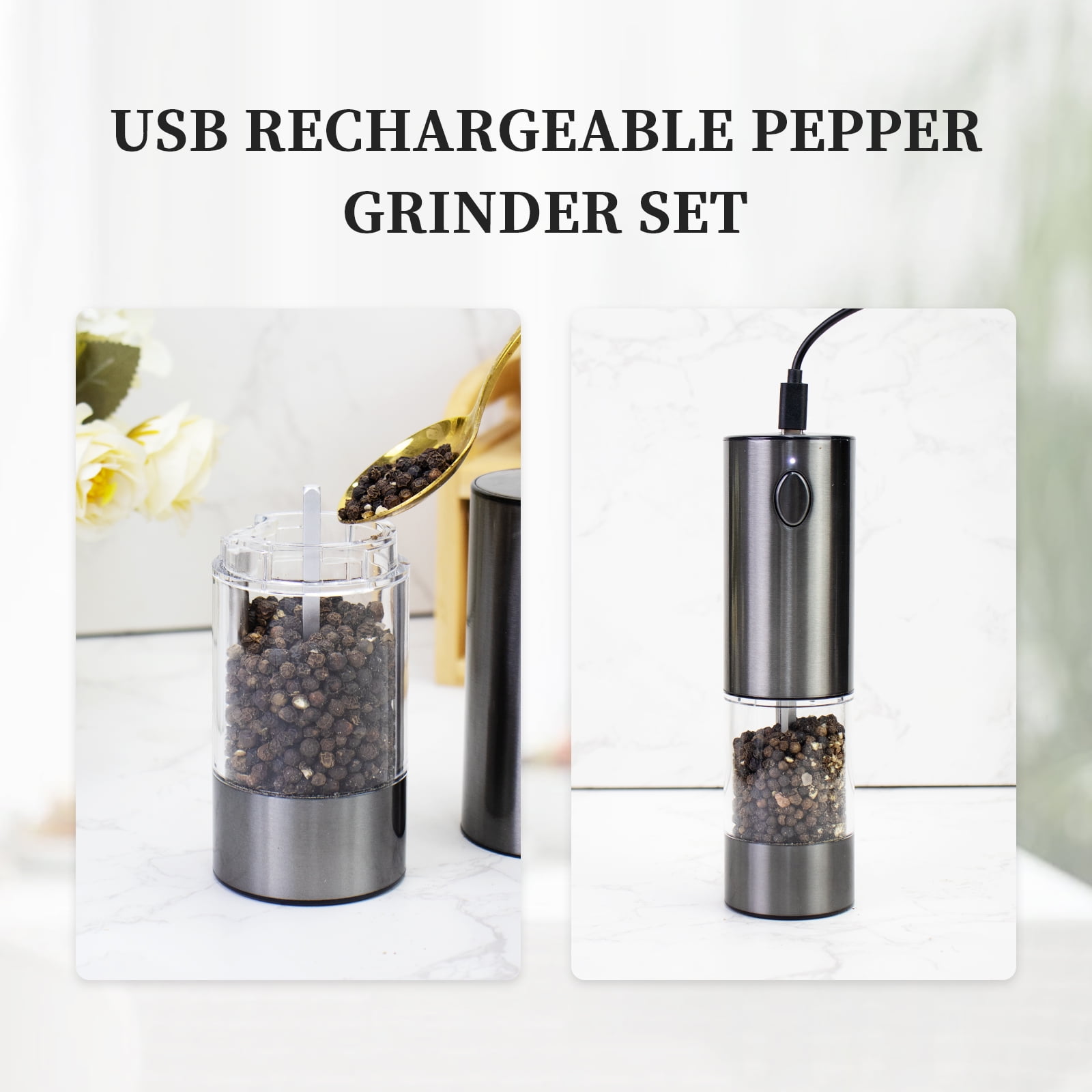 Battery-Powered Salt and Pepper Grinder Set (2PCS) - Automatic Spice Grinder Adjustable Coarseness for Kitchen