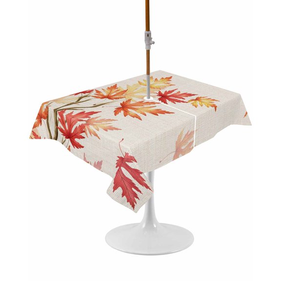 Outdoor Table Cloth with Umbrella Hole and Zipper,Fall Waterproof Rectangle Tablecloth 54"x80",Thanksgiving Maple Leaf Orange Red Botanical Rustic Washable Table Cover for Outside Party Patio Picnic